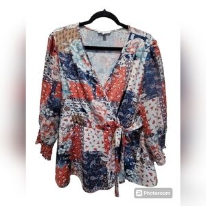 XL Multicolor Floral V Neck Drawstring Waist String Tie Long Sleeve Blouse